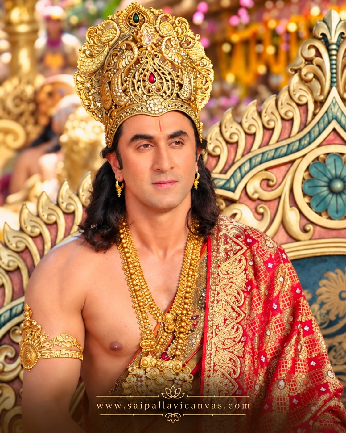 Ranbir Kapoor as Ram in palace look: gold kiritam, haar, bajuband, red-gold shoulder drape