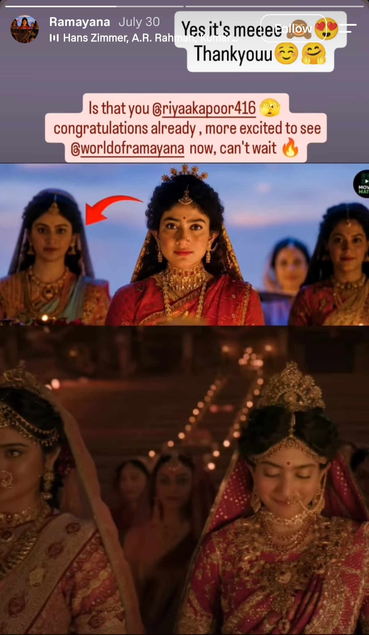 Instagram story screenshot from actress Riya Kapoor confirming her role as Mandavi in Ramayana