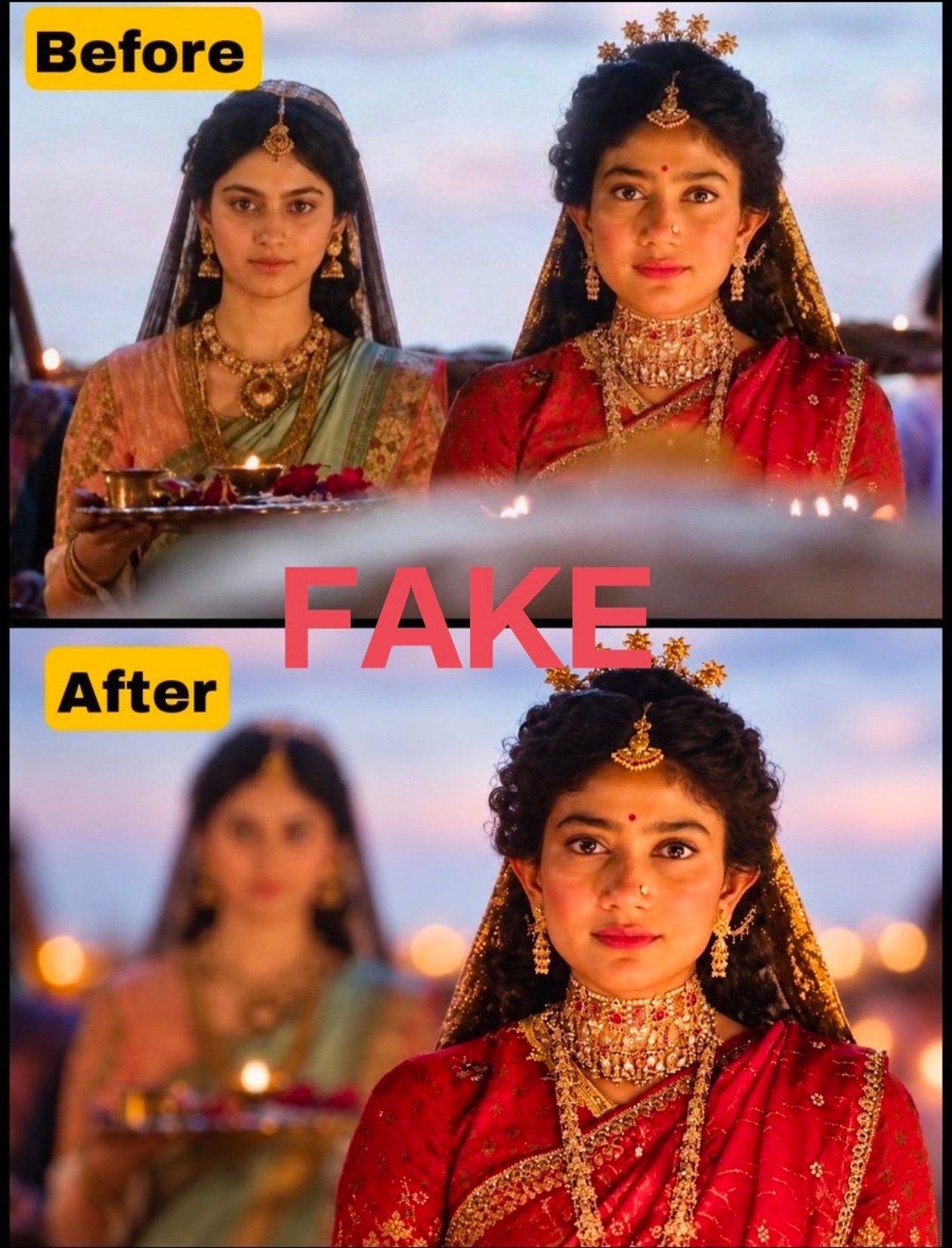 Side by side comparison showing a fake AI unblurred social media edit versus the original cinematic footage from Ramayana